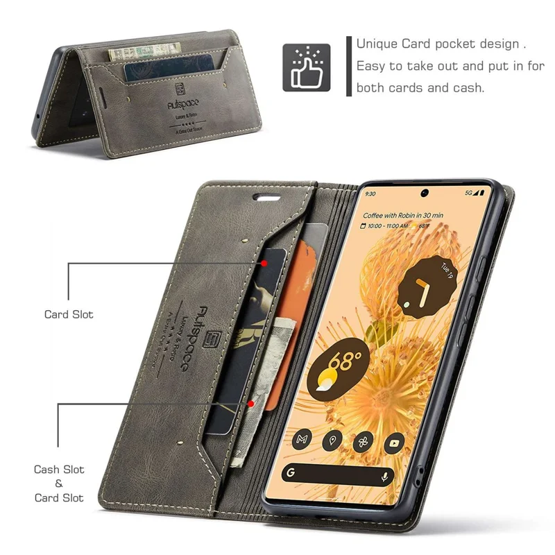 AUTSPACE A01 Series for Google Pixel 6 Pro PU Leather Case RFID Blocking Retro Wallet Stand Flip Cover - Coffee