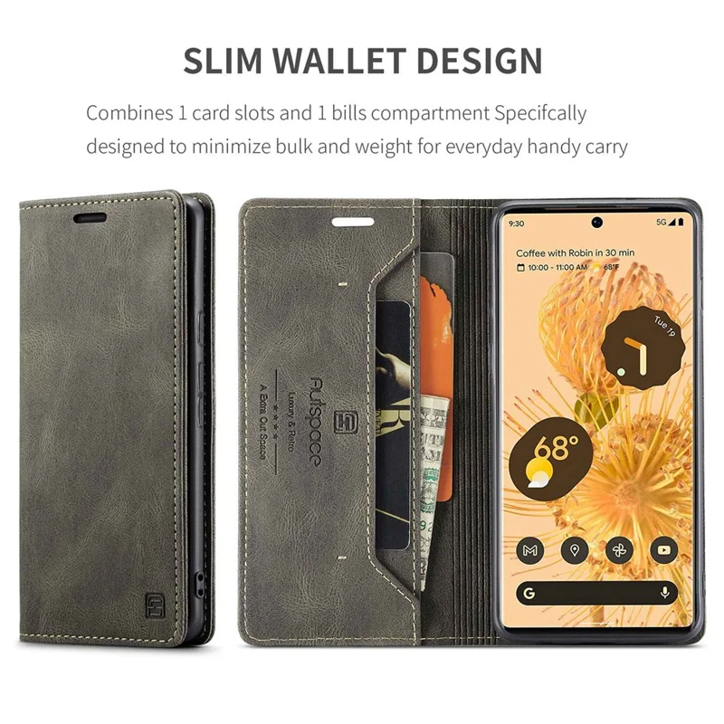 AUTSPACE A01 Series for Google Pixel 6 Pro PU Leather Case RFID Blocking Retro Wallet Stand Flip Cover - Coffee