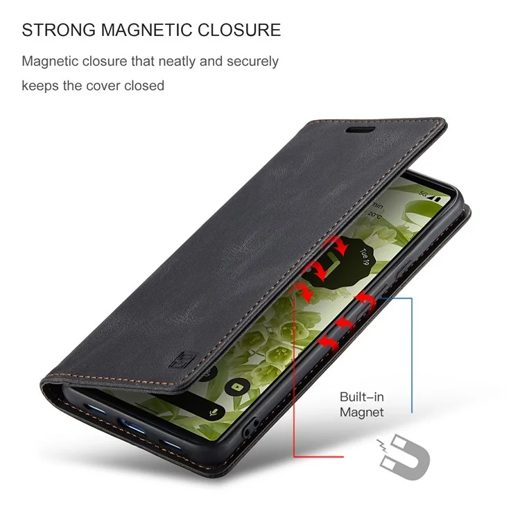 AUTSPACE A01 Series for Google Pixel 6 PU Leather Case RFID Blocking Wallet Stand Flip Cover - Black