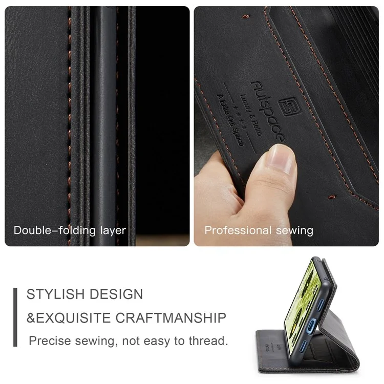 AUTSPACE A01 Series for Google Pixel 6 PU Leather Case RFID Blocking Wallet Stand Flip Cover - Black