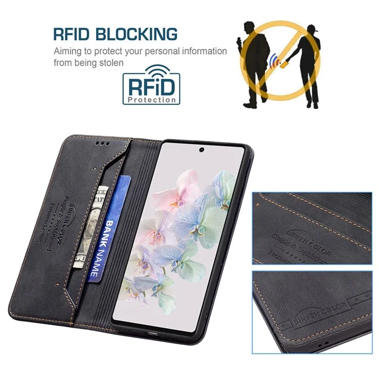 Binfenfarben BF Leder Serie-5 Für Google Pixel 7 Pro RFID Blocking Wallet Phone Case 08 Hidden Magnetic Absorption Anti-fall-fall-pu-lederständer Folio Cover - Schwarz