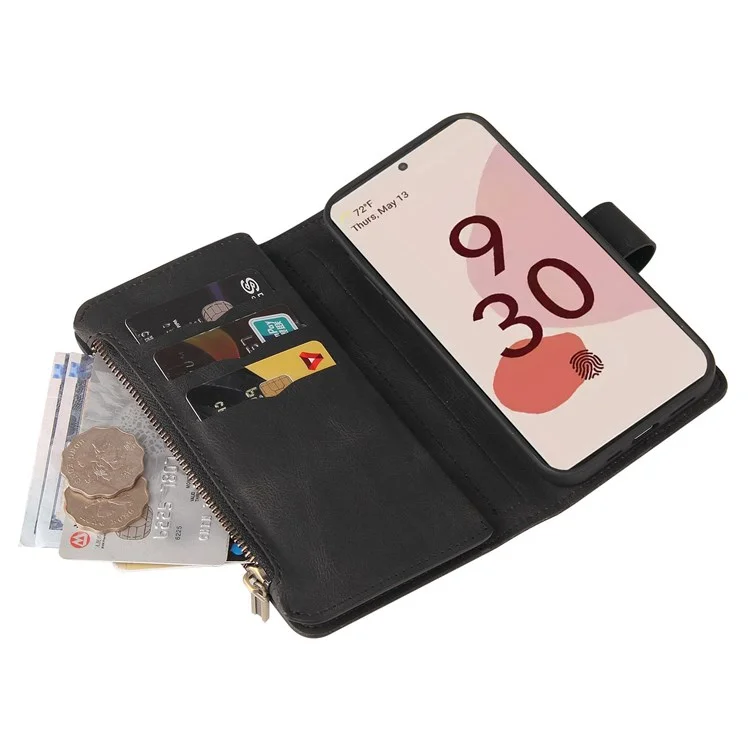 For Google Pixel 7 Pro 5G Zipper Wallet Case with 15 Card Slots and Strap Leather Phone Cover - Black
