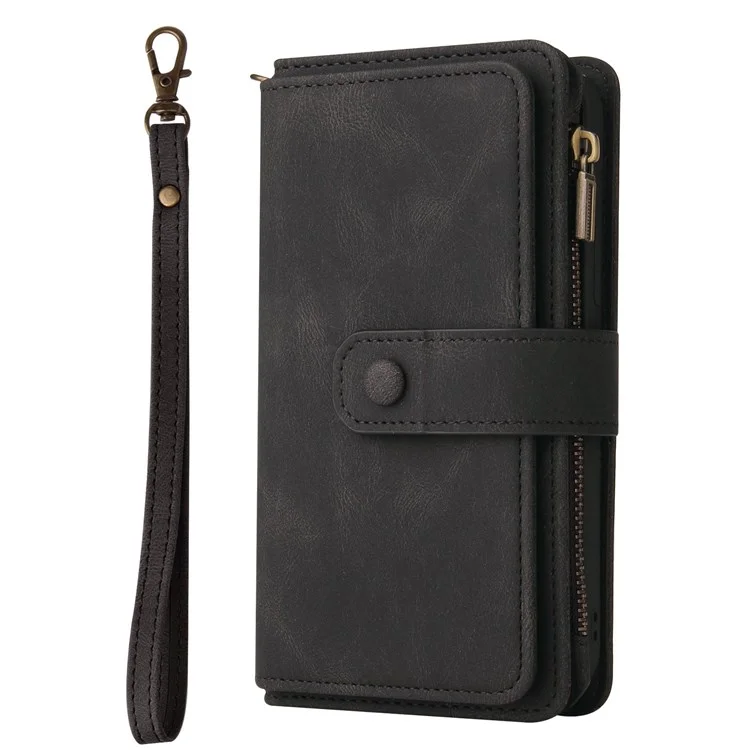 For Google Pixel 7 Pro 5G Zipper Wallet Case with 15 Card Slots and Strap Leather Phone Cover - Black