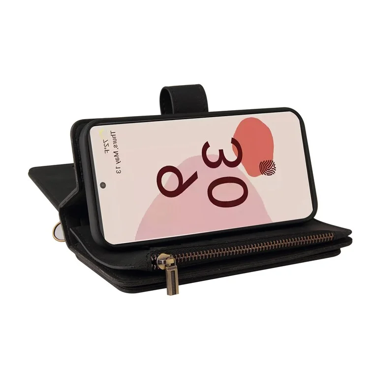 For Google Pixel 7 Pro 5G Zipper Wallet Case with 15 Card Slots and Strap Leather Phone Cover - Black
