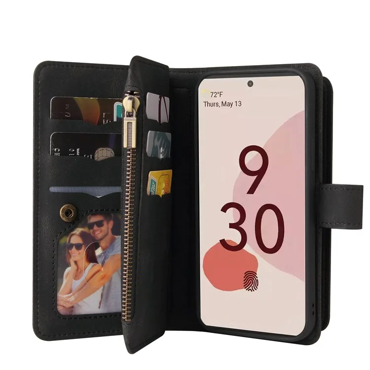 For Google Pixel 7 Pro 5G Zipper Wallet Case with 15 Card Slots and Strap Leather Phone Cover - Black