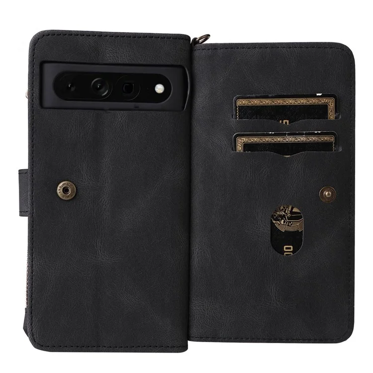 For Google Pixel 7 Pro 5G Zipper Wallet Case with 15 Card Slots and Strap Leather Phone Cover - Black