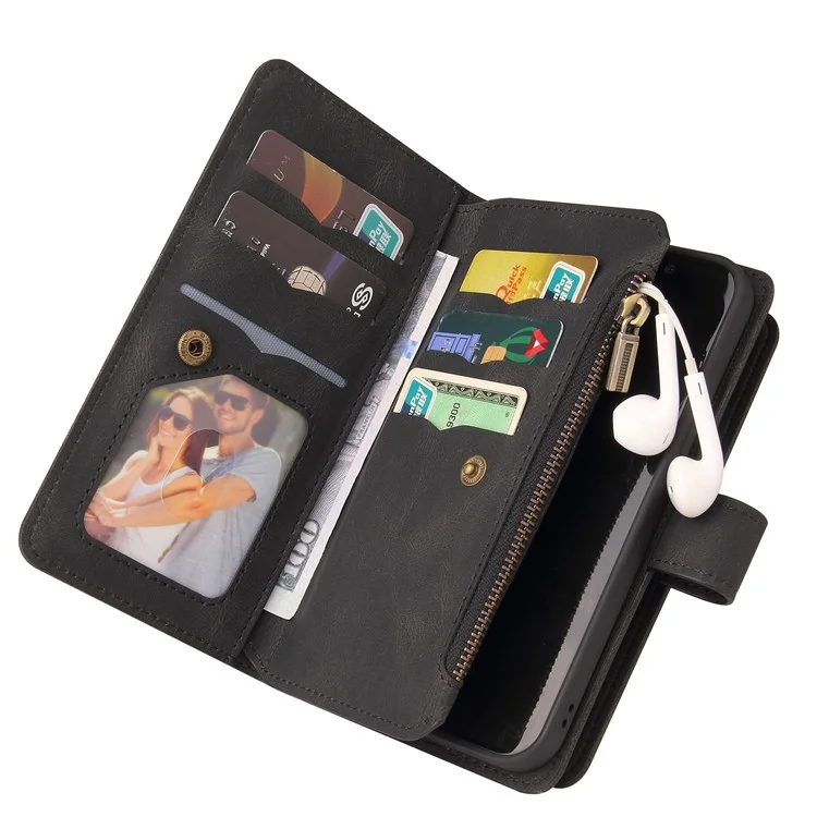 For Google Pixel 7 Pro 5G Zipper Wallet Case with 15 Card Slots and Strap Leather Phone Cover - Black