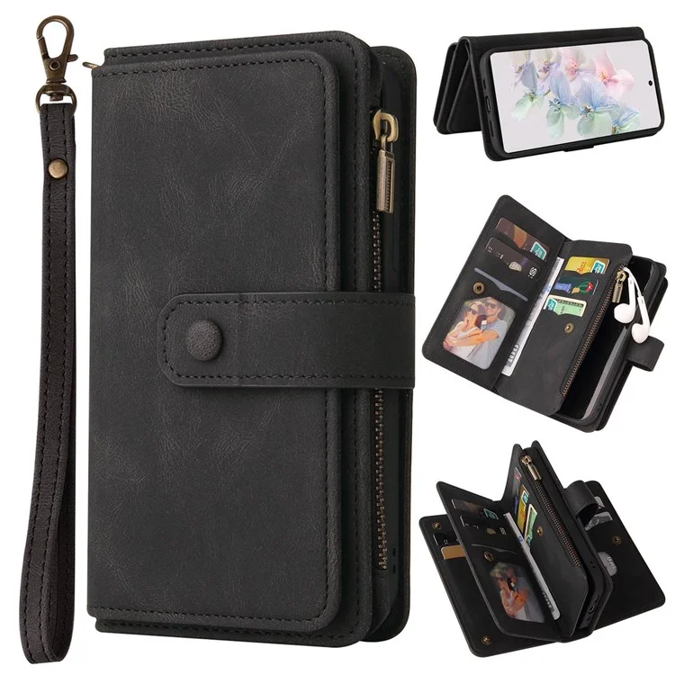 For Google Pixel 7 5G Zipper Wallet Case with 15 Card Slots and Strap Leather Phone Cover - Black