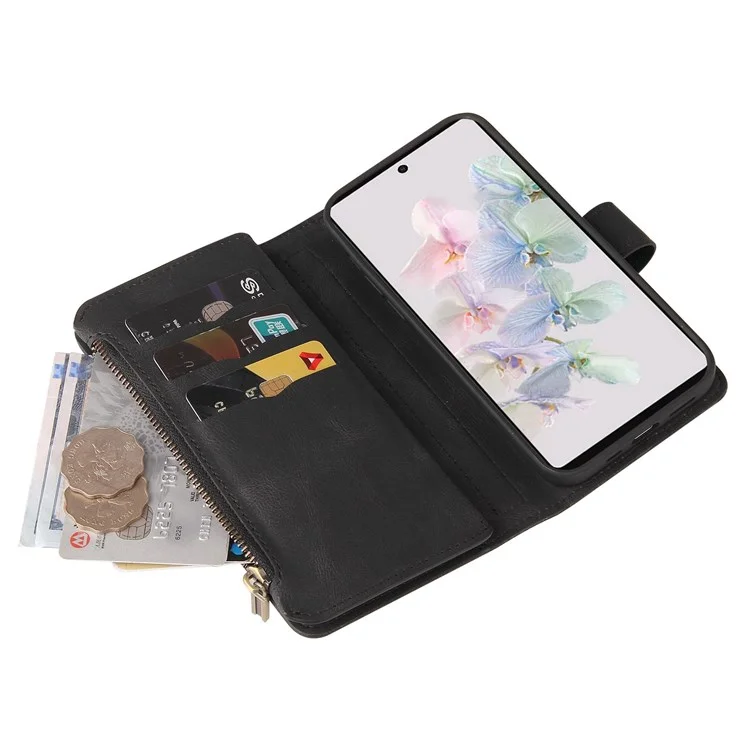 For Google Pixel 7 5G Zipper Wallet Case with 15 Card Slots and Strap Leather Phone Cover - Black