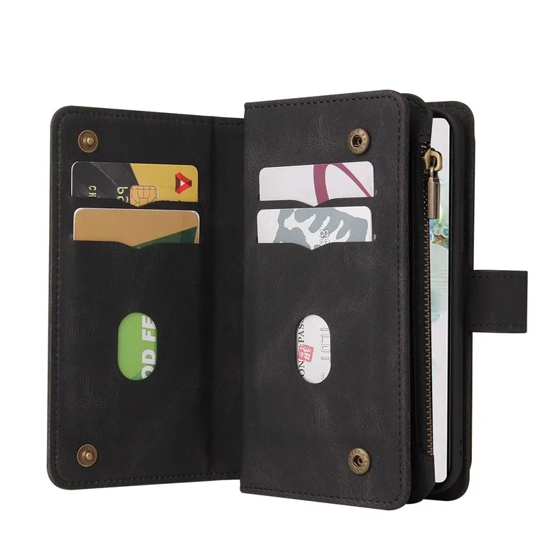 For Google Pixel 7 5G Zipper Wallet Case with 15 Card Slots and Strap Leather Phone Cover - Black