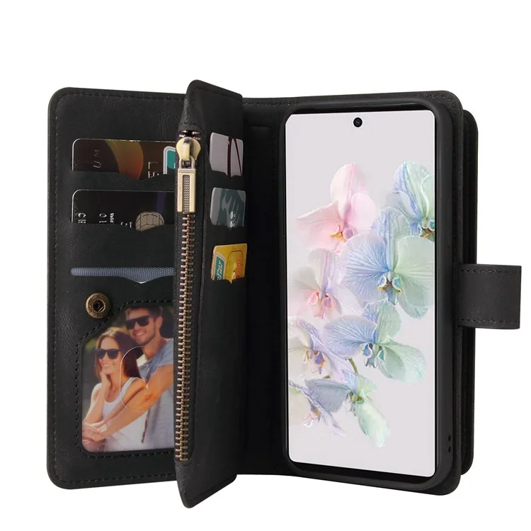 For Google Pixel 7 5G Zipper Wallet Case with 15 Card Slots and Strap Leather Phone Cover - Black