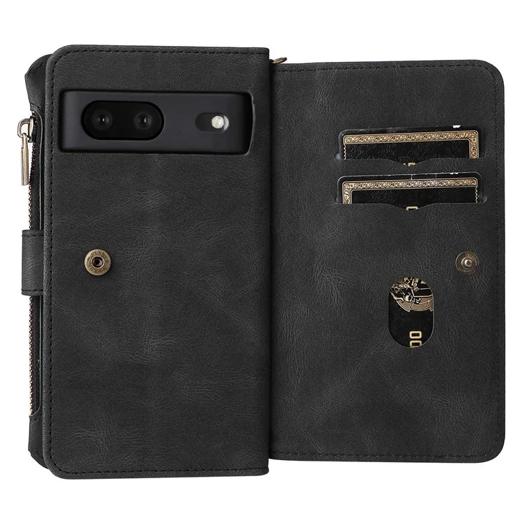 For Google Pixel 7 5G Zipper Wallet Case with 15 Card Slots and Strap Leather Phone Cover - Black