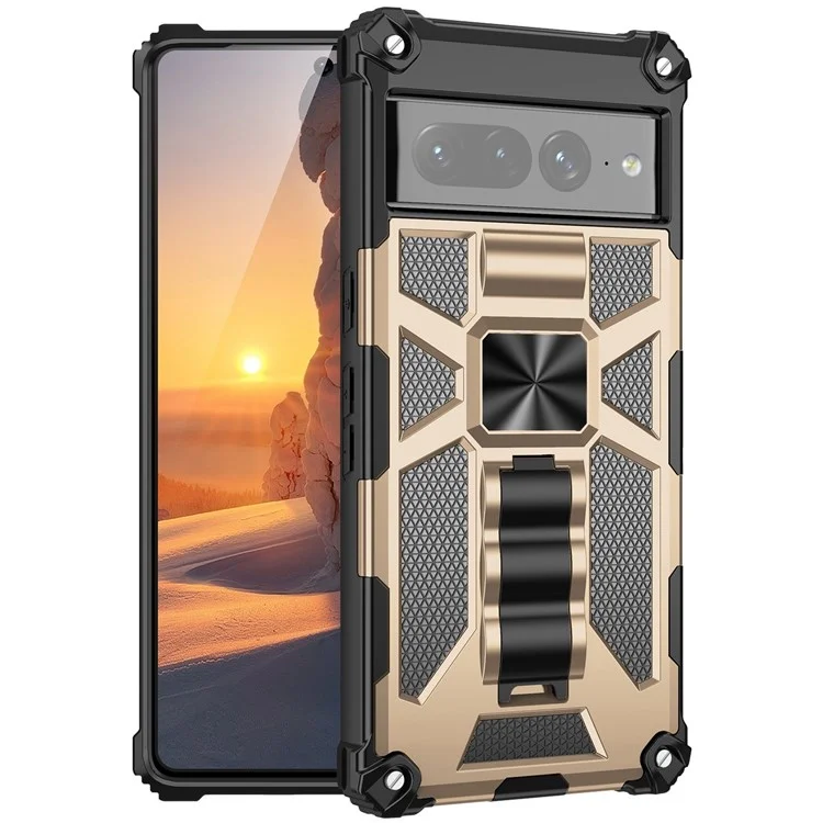 For Google Pixel 7 Pro 5G Phone Case Kickstand Design Shockproof Anti-scratch Inner TPU + Hard PC Back Shell - Gold