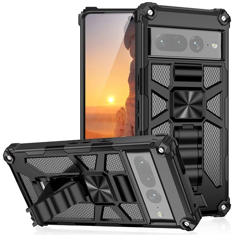 For Google Pixel 7 Pro 5G Phone Case Kickstand Design Shockproof Anti-scratch Inner TPU + Hard PC Back Shell - Gold
