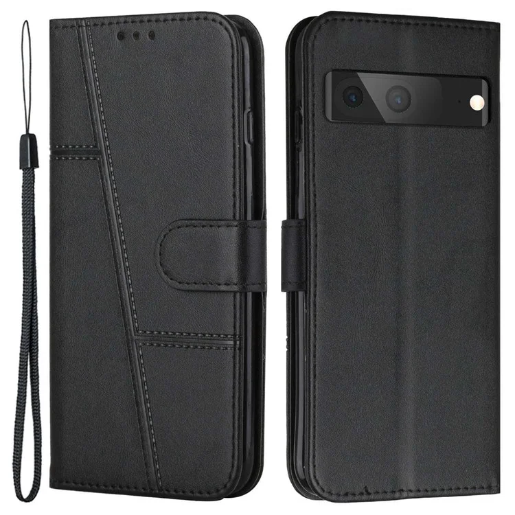 For Google Pixel 7 5G Stitching PU Leather Wallet Case Hands-Free Stand Magnetic Closure Shockproof Flip Folio Cover with Wrist Strap - Black