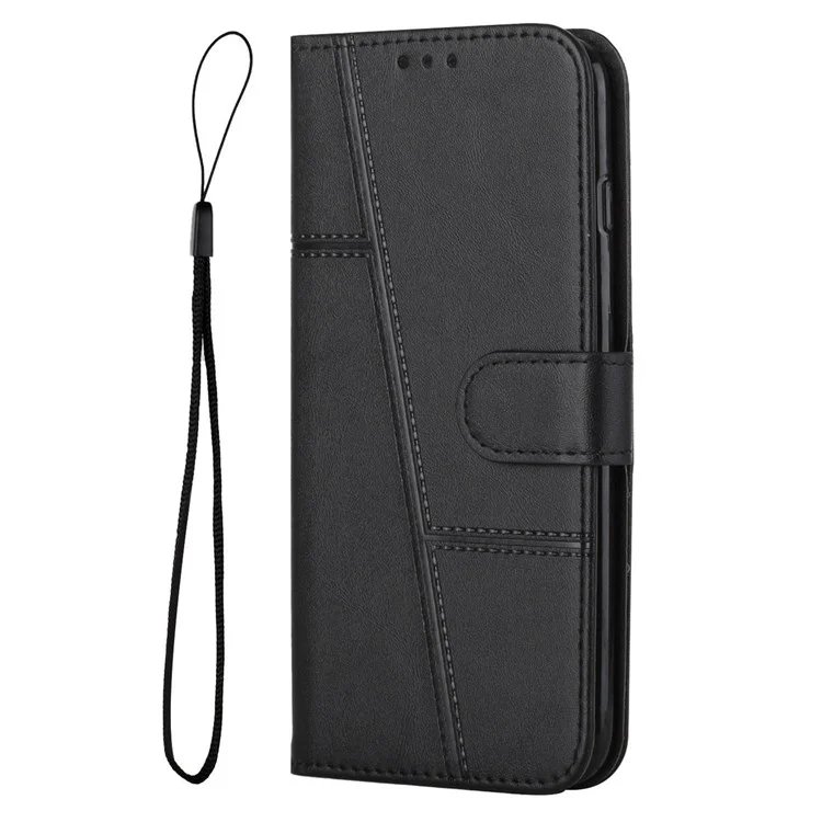 For Google Pixel 7 5G Stitching PU Leather Wallet Case Hands-Free Stand Magnetic Closure Shockproof Flip Folio Cover with Wrist Strap - Black