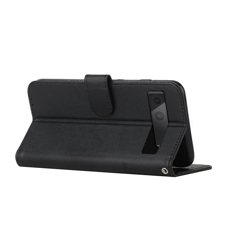 For Google Pixel 7 5G Stitching PU Leather Wallet Case Hands-Free Stand Magnetic Closure Shockproof Flip Folio Cover with Wrist Strap - Black