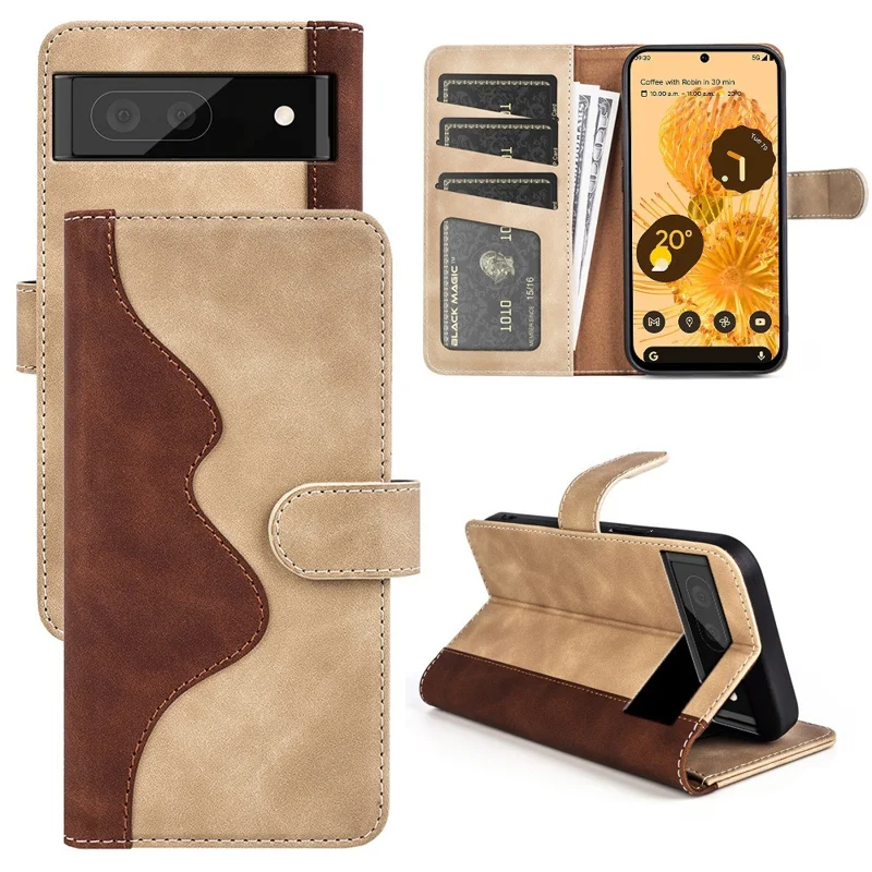 Splicing Leather Case for Google Pixel 7 5G Folio Flip Stand Wallet Mobile Phone Cover - Yellow