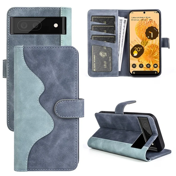 Splicing Leather Case for Google Pixel 7 5G Folio Flip Stand Wallet Mobile Phone Cover - Blue
