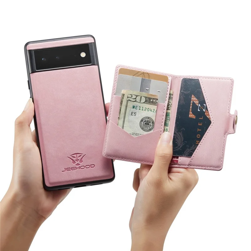 JEEHOOD Detachable Wallet Phone Case for Google Pixel 7 5G Kickstand PU Leather Coated TPU Shell - Rose Gold