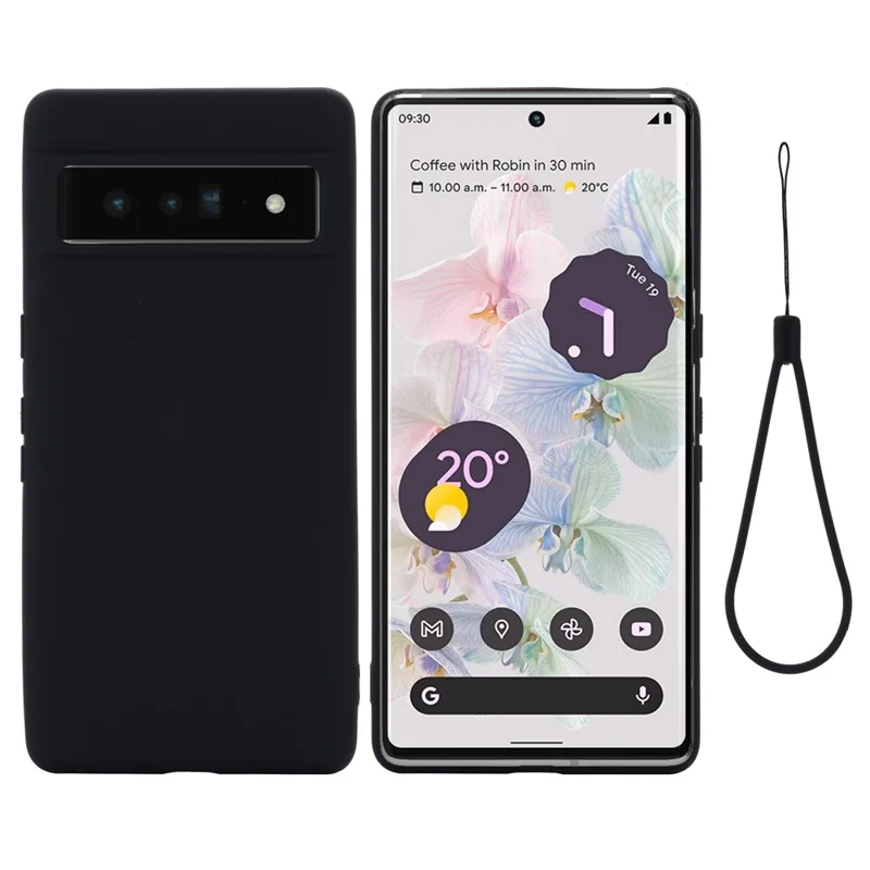 For Google Pixel 7 5G Liquid Silicone Case Soft Microfiber Lining Scratch-Resistant Precise Cut-Outs Shell with Strap - Black