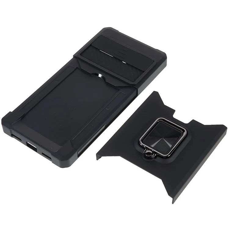 For Google Pixel 7 Pro 5G PC TPU Hybrid Phone Case Cover Slide Camera Lens Protection Kickstand with Card Slot - Black