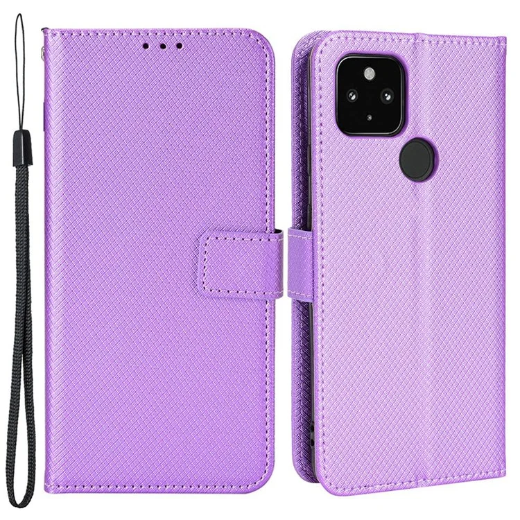Capa à prova de choques para Google Pixel 4a 5G Textura de Diamante de Couro PU Folio Flip Cover Wallet Phone Case com Suporte/Alça - Roxo