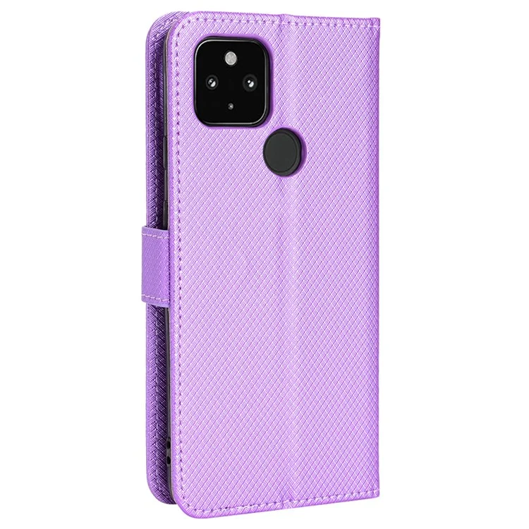 Capa à prova de choques para Google Pixel 4a 5G Textura de Diamante de Couro PU Folio Flip Cover Wallet Phone Case com Suporte/Alça - Roxo