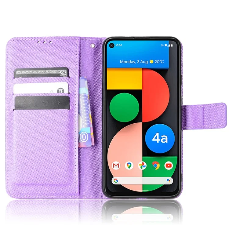Capa à prova de choques para Google Pixel 4a 5G Textura de Diamante de Couro PU Folio Flip Cover Wallet Phone Case com Suporte/Alça - Roxo