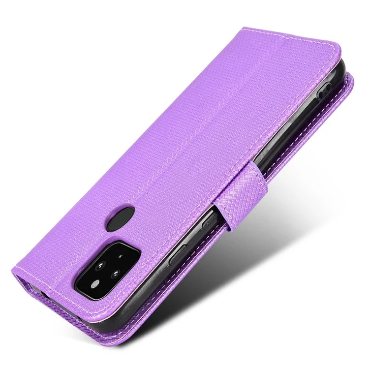 Capa à prova de choques para Google Pixel 4a 5G Textura de Diamante de Couro PU Folio Flip Cover Wallet Phone Case com Suporte/Alça - Roxo