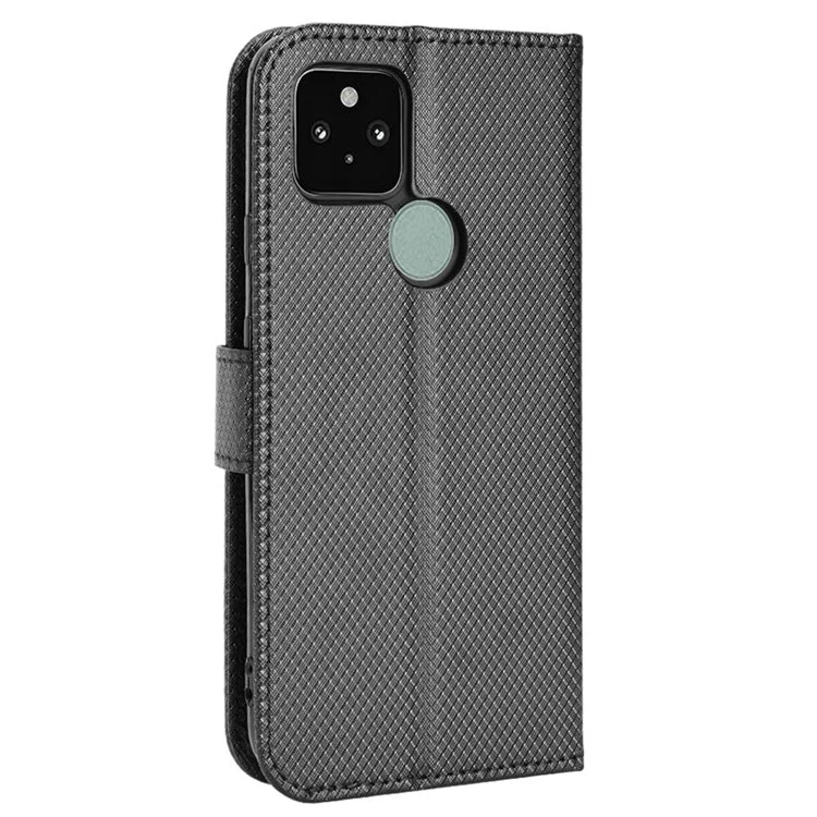 Diamond Texture PU Leather Case for Google Pixel 5 Shockproof Folio Flip Cover Wallet Phone Case with Stand/Strap - Black