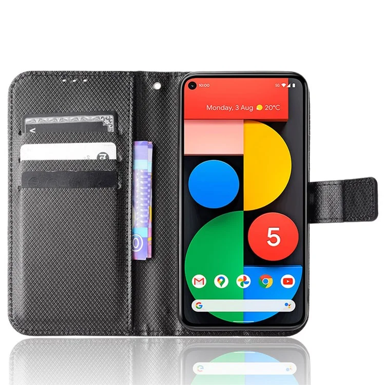 Diamond Texture PU Leather Case for Google Pixel 5 Shockproof Folio Flip Cover Wallet Phone Case with Stand/Strap - Black