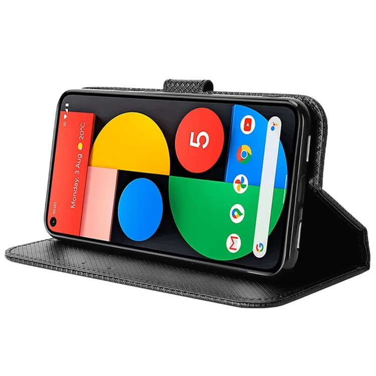 Diamond Texture PU Leather Case for Google Pixel 5 Shockproof Folio Flip Cover Wallet Phone Case with Stand/Strap - Black