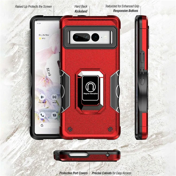 Für Google Pixel 7 Pro 5G stoßfestes Hard PC Soft TPU Hybrid-Gehäuse mit integriertem Ständer, Fallschutz-Telefonabdeckung mit Autohalterung Metallblech - Blau
