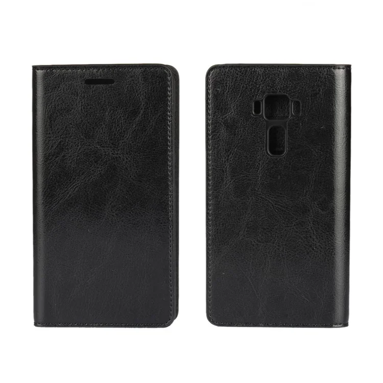 Crazy Horse Genuine Leather Wallet Case Cover for Asus Zenfone 3 ZE520KL - Black