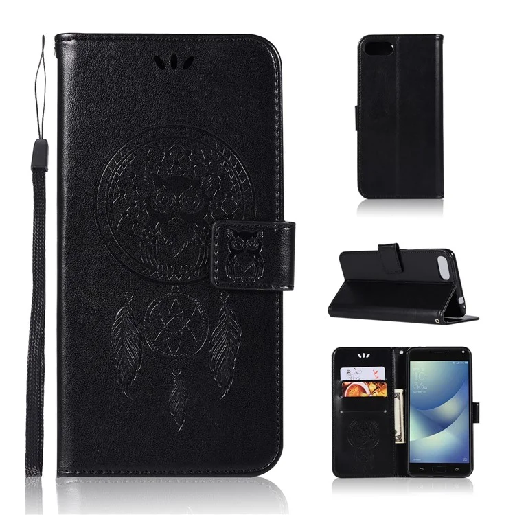 Imprint Owl Dream Catcher Pattern Leather Wallet Case with Strap for Asus ZenFone 4 Max / 4 Max Pro / 4 Max Plus (ZC554KL) - Black