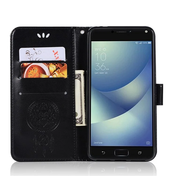 Imprint Owl Dream Catcher Pattern Leather Wallet Case with Strap for Asus ZenFone 4 Max / 4 Max Pro / 4 Max Plus (ZC554KL) - Black