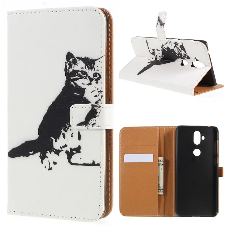 Pattern Printing Wallet Leather Cover Case for Asus Zenfone 5 Lite ZC600KL - Black and White Cat