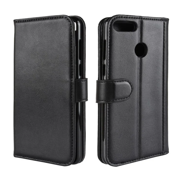 Genuine Split Leather Wallet Phone Shell with Stand for Huawei Y9 (2018) / Enjoy 8 Plus - Black
