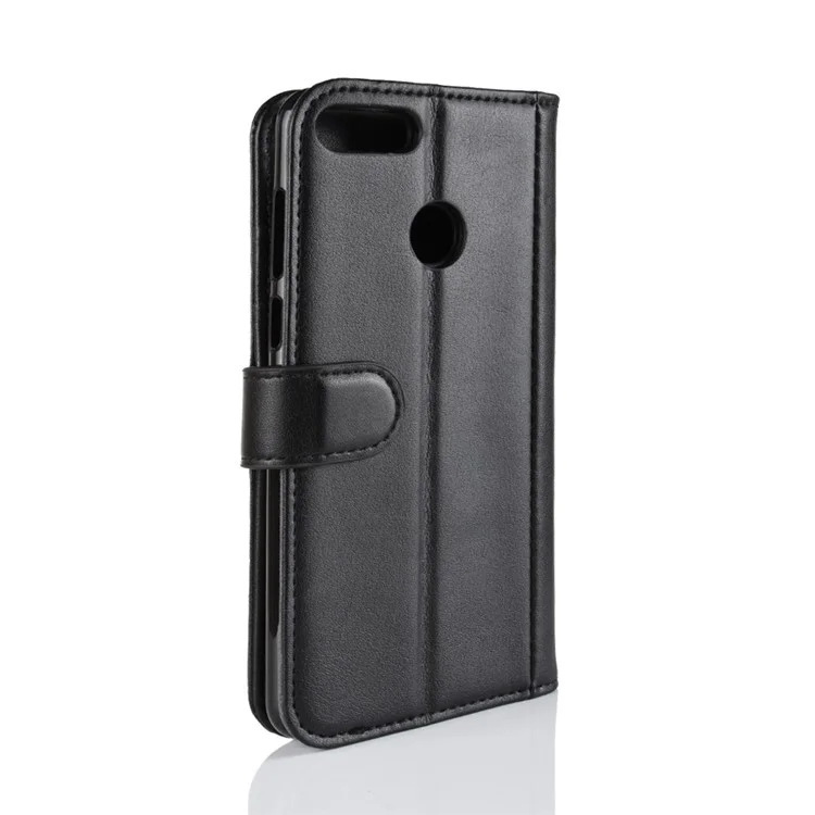 Genuine Split Leather Wallet Phone Shell with Stand for Huawei Y9 (2018) / Enjoy 8 Plus - Black