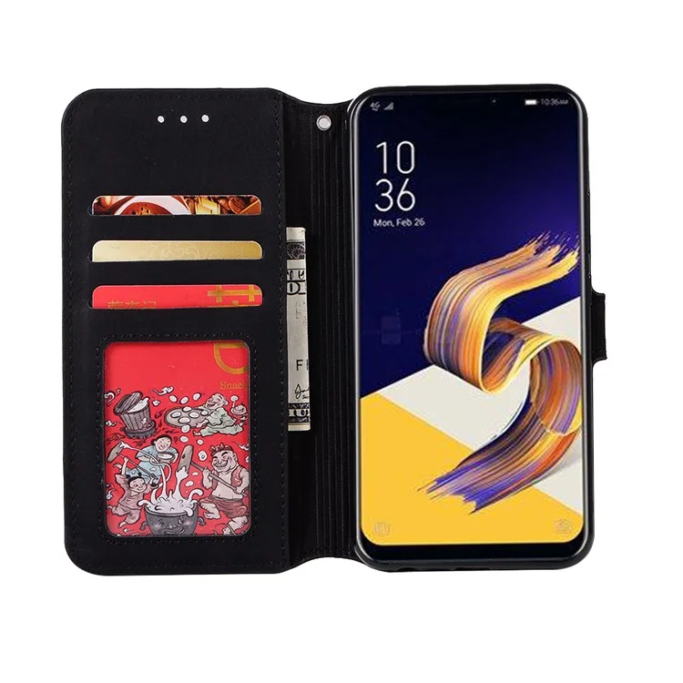 Premium Vintage PU Leather Stand Wallet Flip Phone Case for Asus Zenfone 5Z ZS620KL - Black