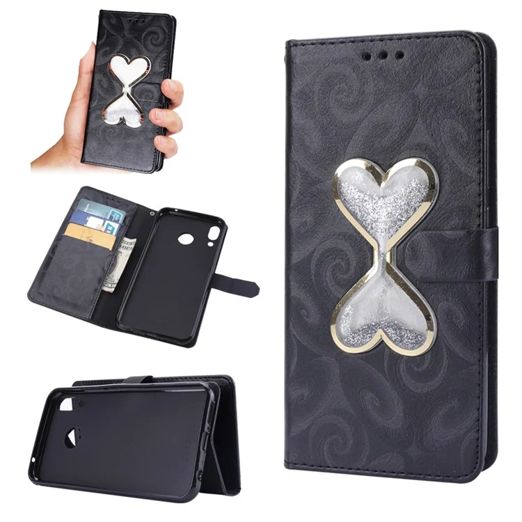 Love Heart Hourglass Quicksand Wallet Flip PU Leather Phone Cover for Asus Zenfone 5Z ZS620K - Black