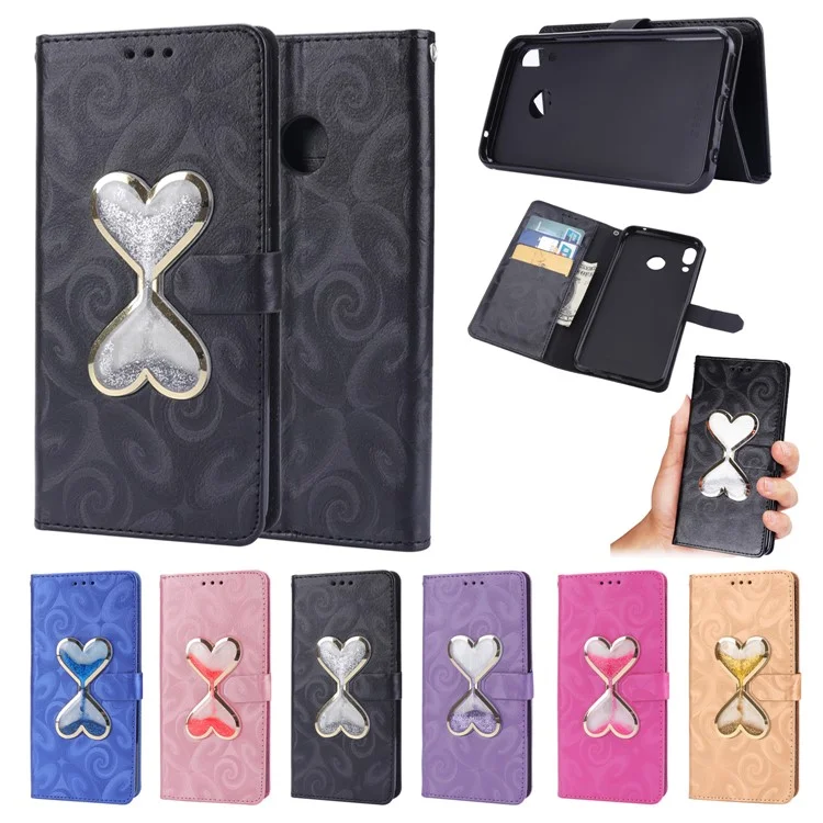 Love Heart Hourglass Quicksand Wallet Flip PU Leather Phone Cover for Asus Zenfone 5Z ZS620K - Black