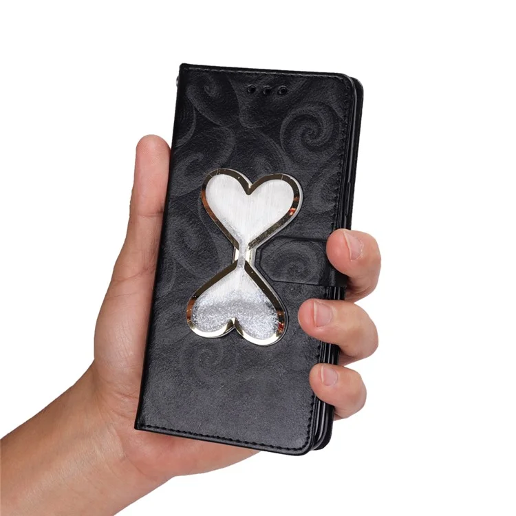 Love Heart Hourglass Quicksand Wallet Flip PU Leather Phone Cover for Asus Zenfone 5Z ZS620K - Black