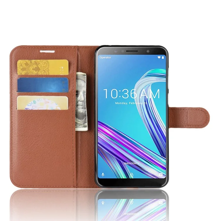 Litchi Skin Leather Stand Cover Con Ranuras Para Tarjetas Para Asus Zenfone Max Pro (M1) ZB601KL - Marrón