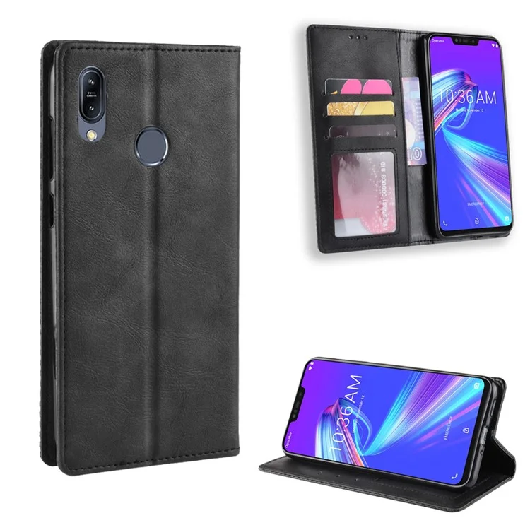 Couvercle de Support en Cuir de Portefeuille de Style Vintage Pour Asus Zenfone Max (M2) ZB633KL - le Noir