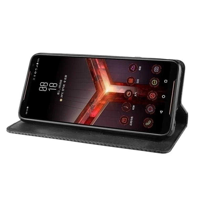 Retro Auto-absorbed PU Leather Wallet Cover Case for Asus ROG Phone II ZS660KL - Black