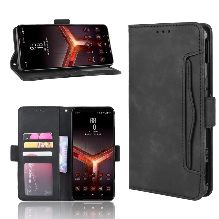 PU Leather Phone Case Covering with Card Slots for Asus ROG Phone II ZS660KL - Black