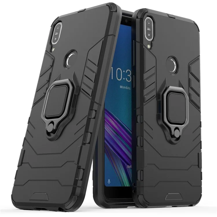 Cool Armor Guard Ring Holder Kickstand PC TPU Hybrid Cell Phone Case for Asus ZenFone Max Pro (M1) ZB602KL - Black