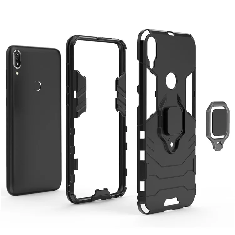 Cool Armor Guard Ring Holder Kickstand PC TPU Hybrid Cell Phone Case for Asus ZenFone Max Pro (M1) ZB602KL - Black